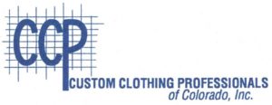 A blue and white logo with the letters C C P in the upper left over a grid of lines.  The words Custom Clothing Professionals of Colorado Inc. are written on the lower right.