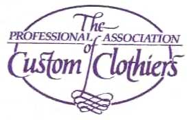 A purple and white logo with an oval overwritten with the words The Professional Association of Custom Clothiers and a scroll underneath